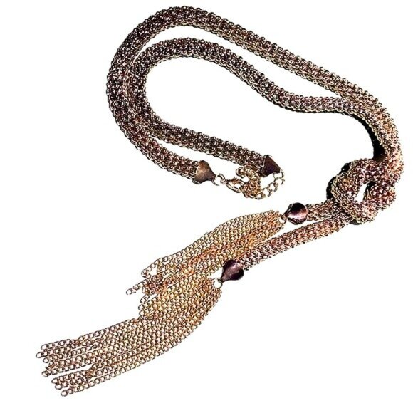 Lariat Style Woven Chain Necklace Tassels Gold tone Vintage 80"s - Picture 2 of 6